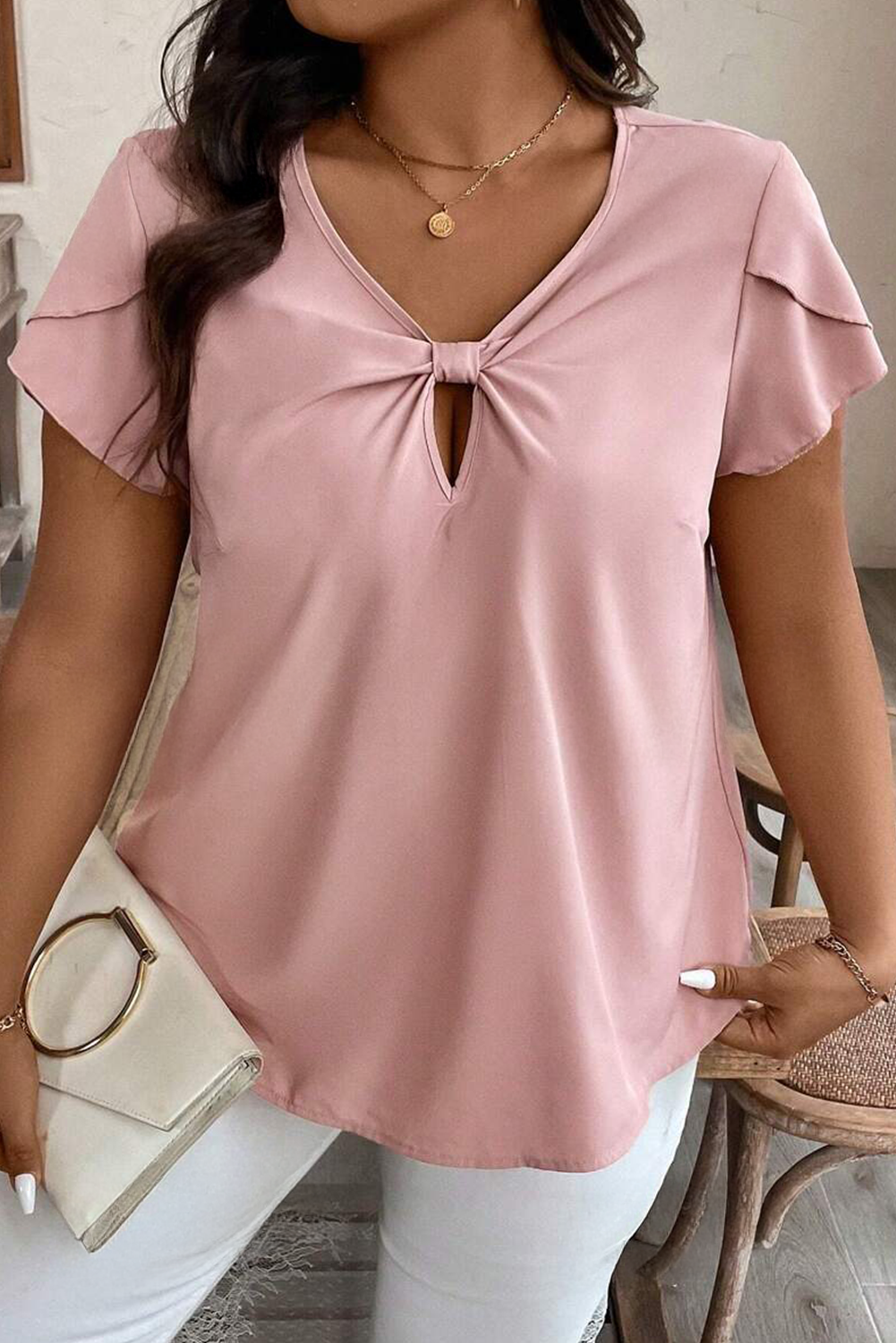 Pink Knotted Short Sleeve Plus Size Top