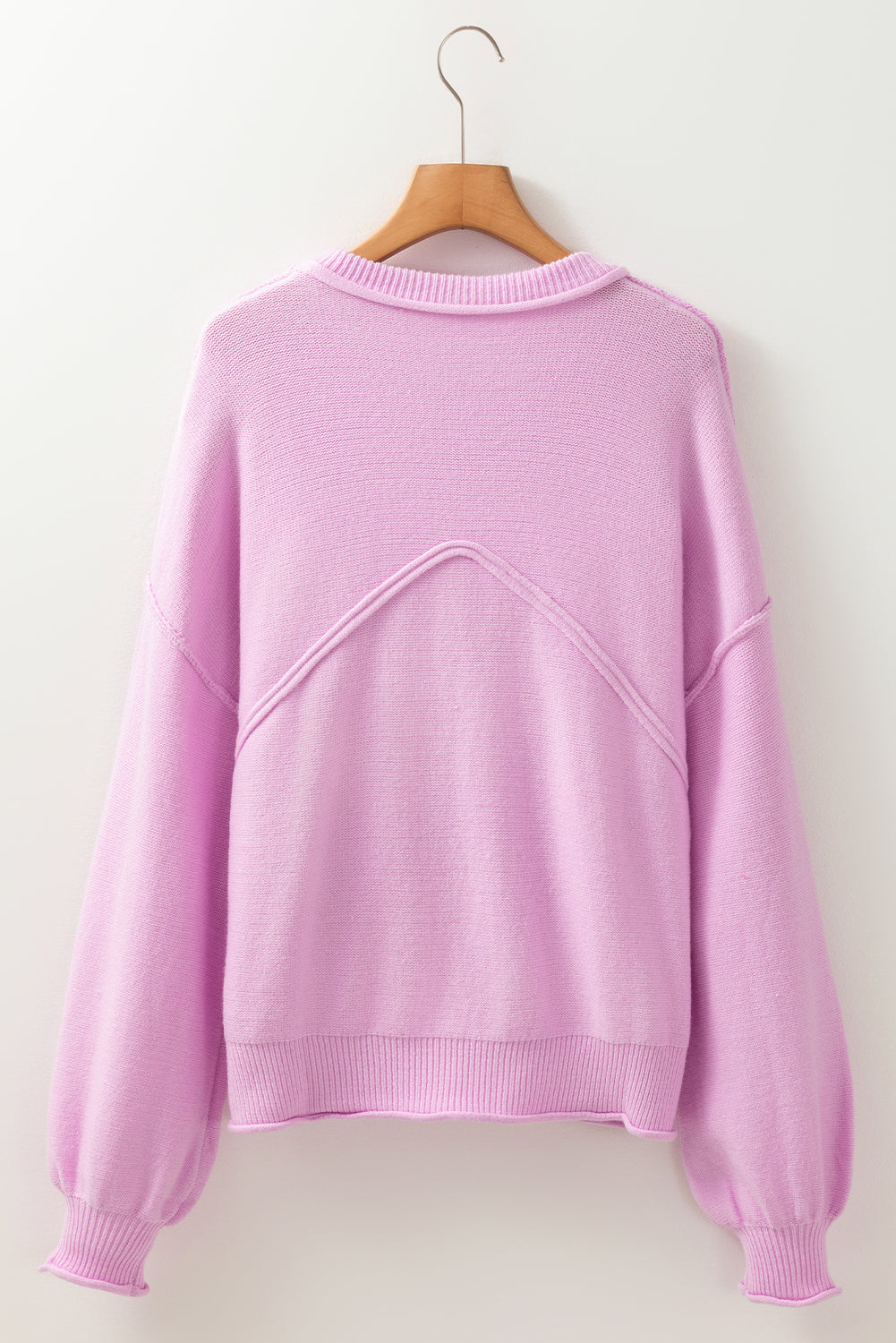 Pink Raw Edge Ribbed Drop Shoulder Sweater