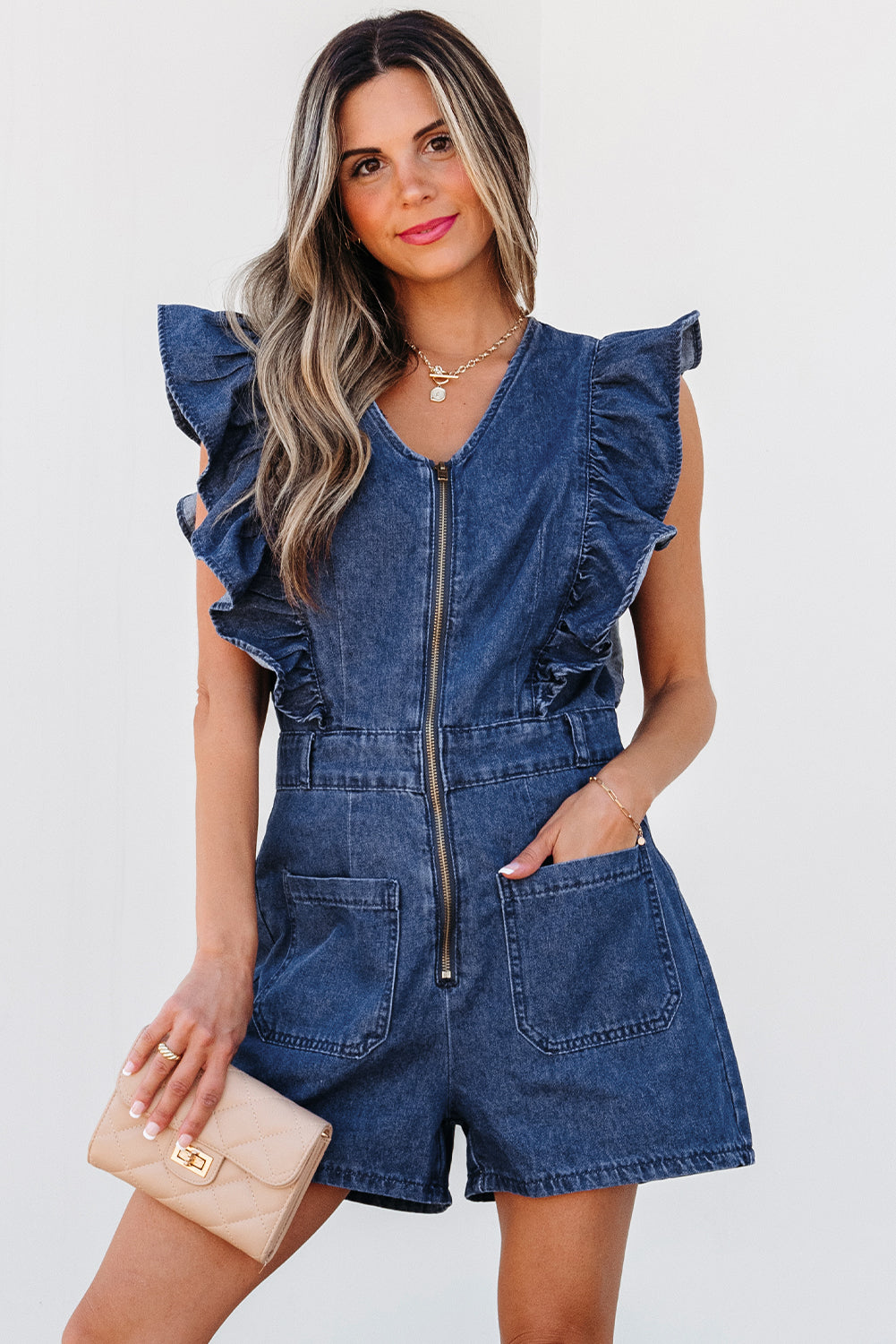 Denim Ruffled Zipped Front Romper