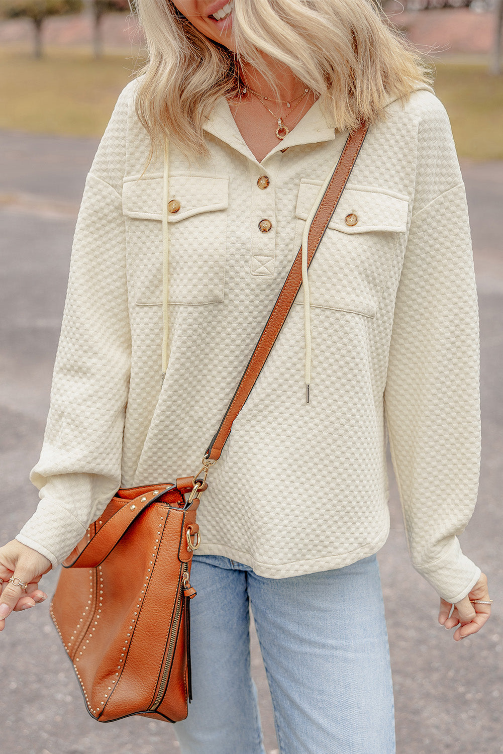 Apricot Textured Buttoned Hoodie