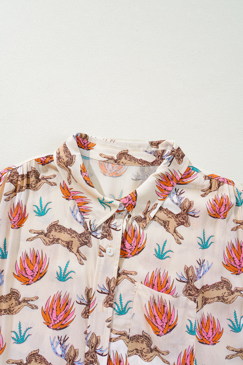 Khaki Plus Size Western Pattern Short Sleeve Shirt