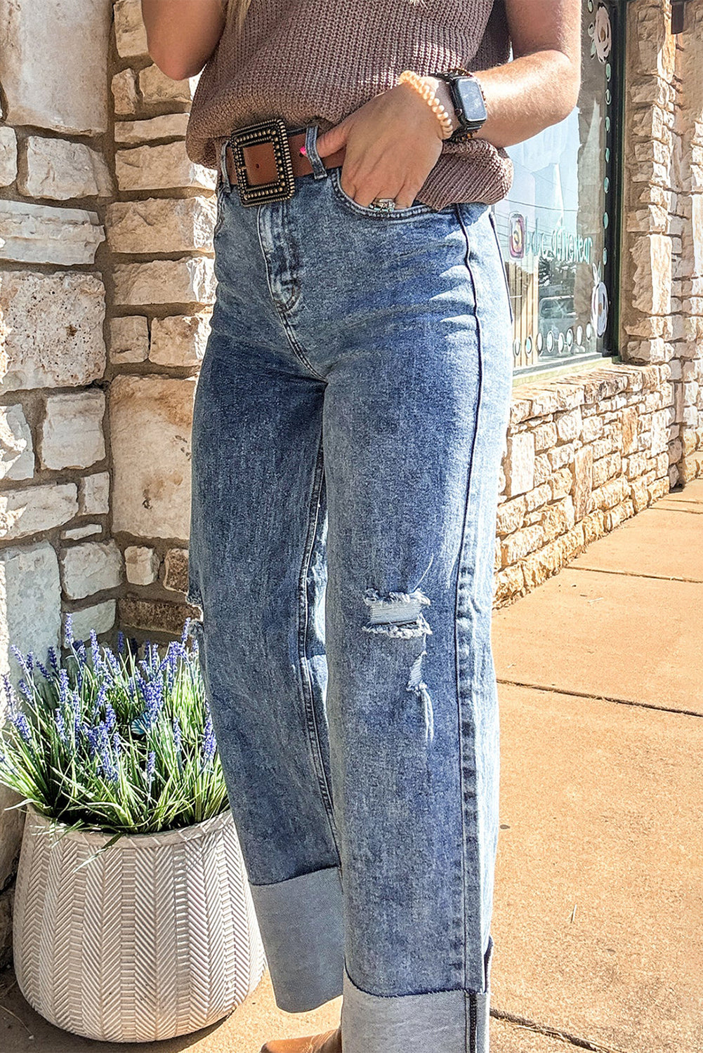 ‘Ashleigh’ Mineral Wash Distressed Wide Leg Jeans