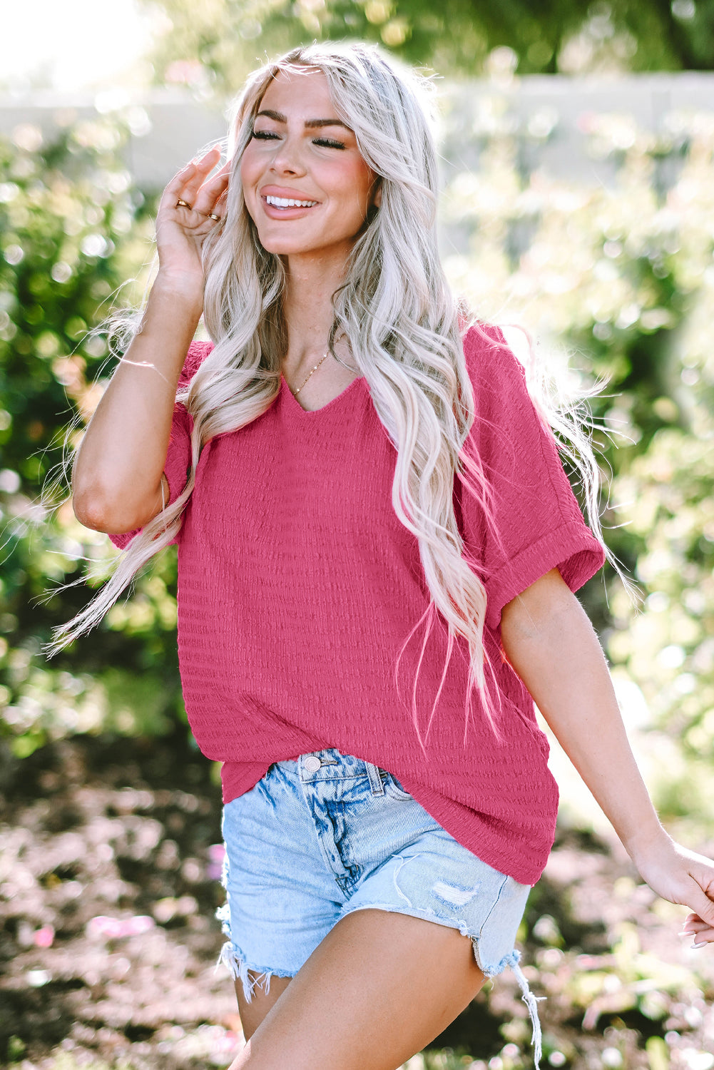 Bright Pink Textured V Neck Tee