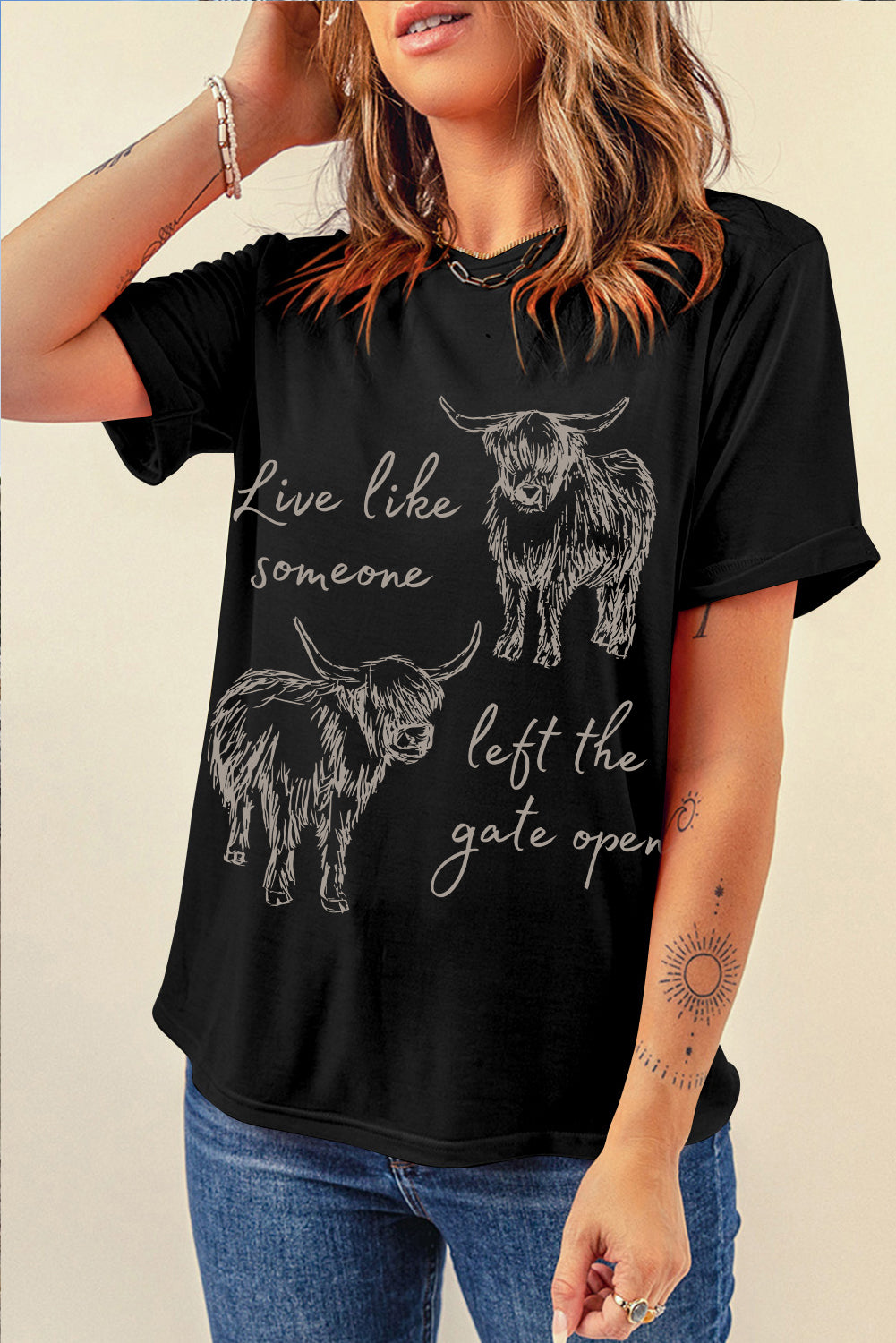 Black Western Cow Print Casual Tee
