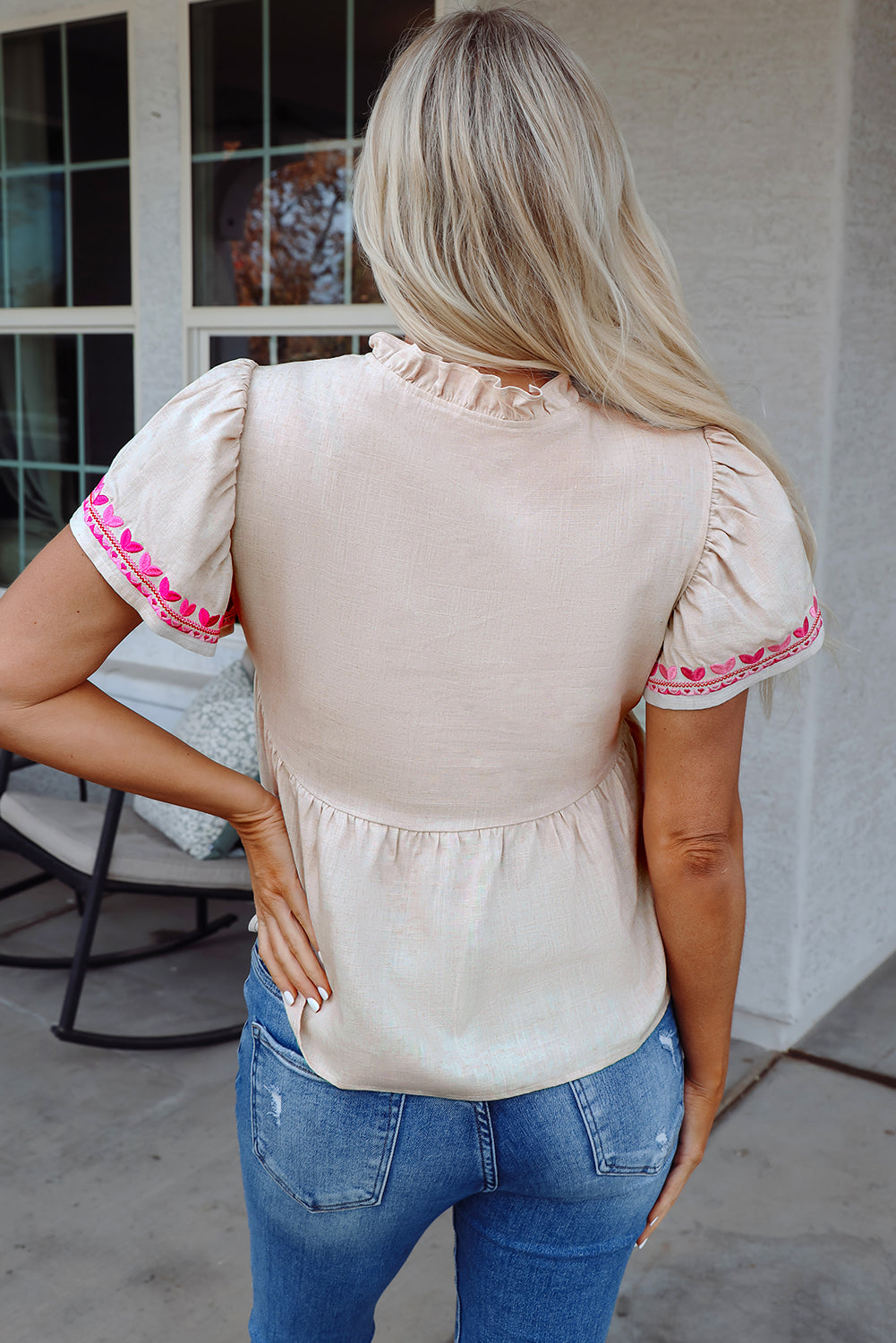 Beige Floral Embroidered Short Sleeve V Neck Blouse