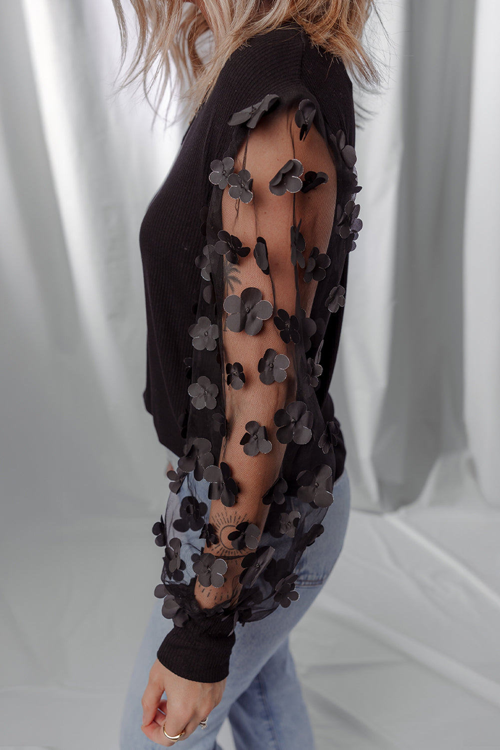 Black Flower Mesh Long Sleeve V Neck Blouse