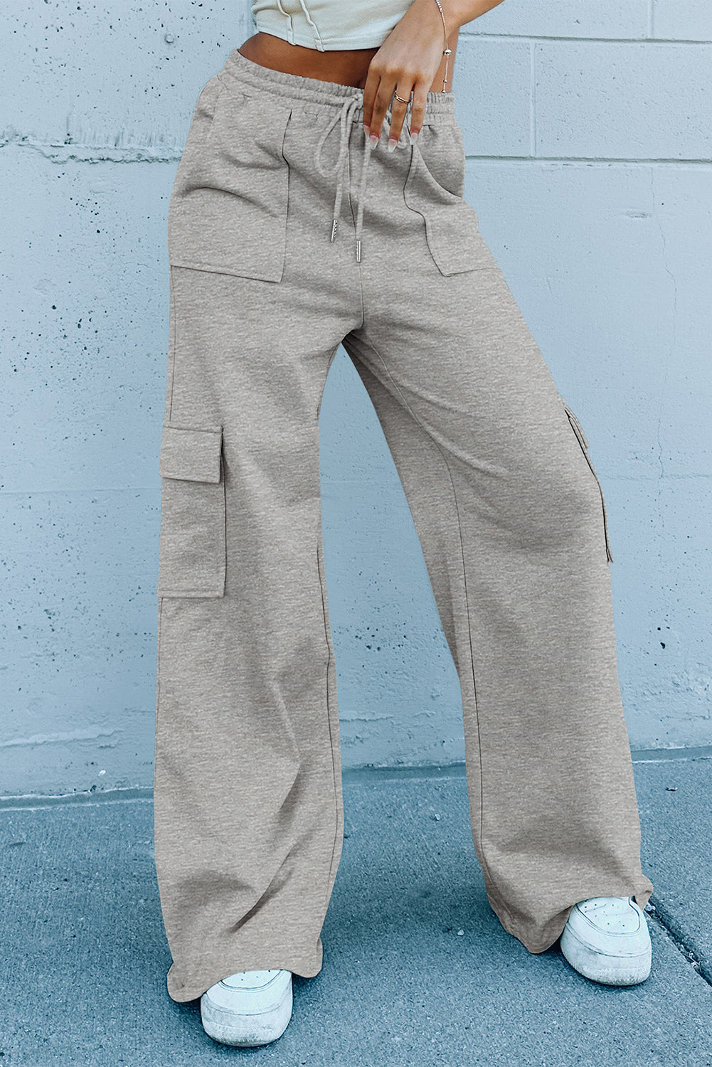 Light Grey Multi Pockets High Waist Wide Leg Pants