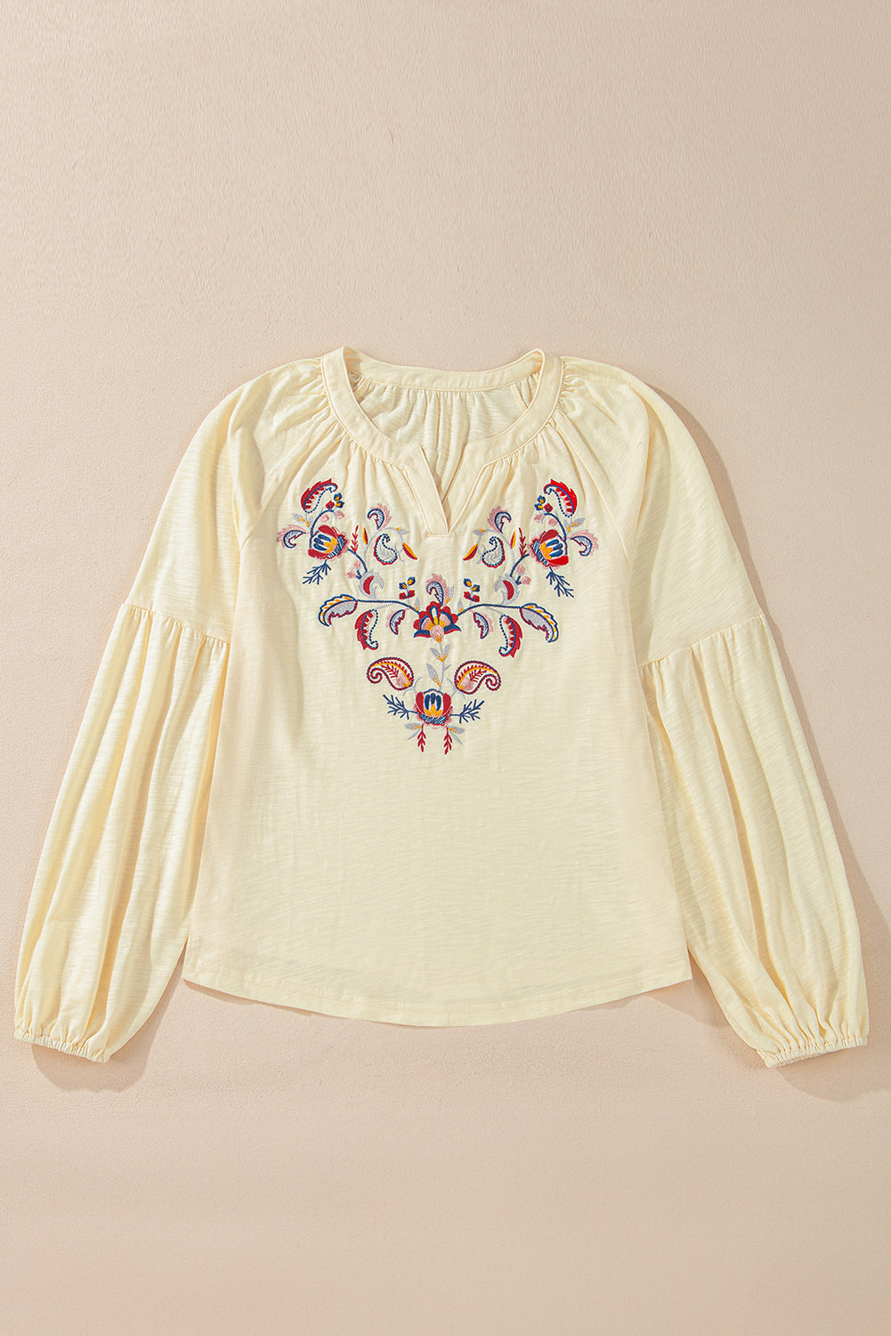 Apricot Paisley Floral Embroidered V Neck Blouse