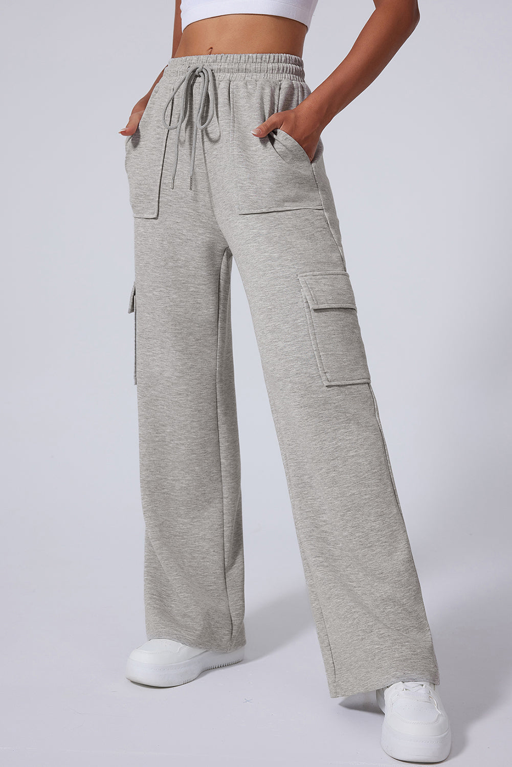 Light Grey Multi Pockets High Waist Wide Leg Pants
