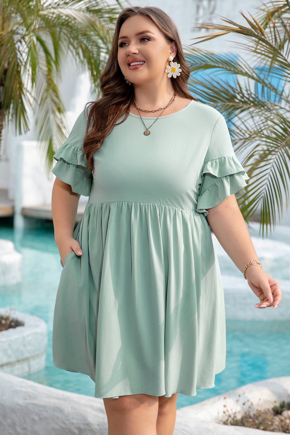 Sage Ruffle Trim Short Sleeve Plus Size Mini Dress