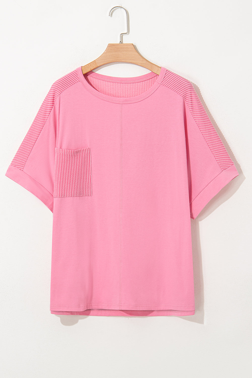 Pink Corded Patchwork Pocketed Plus Size T Shirt