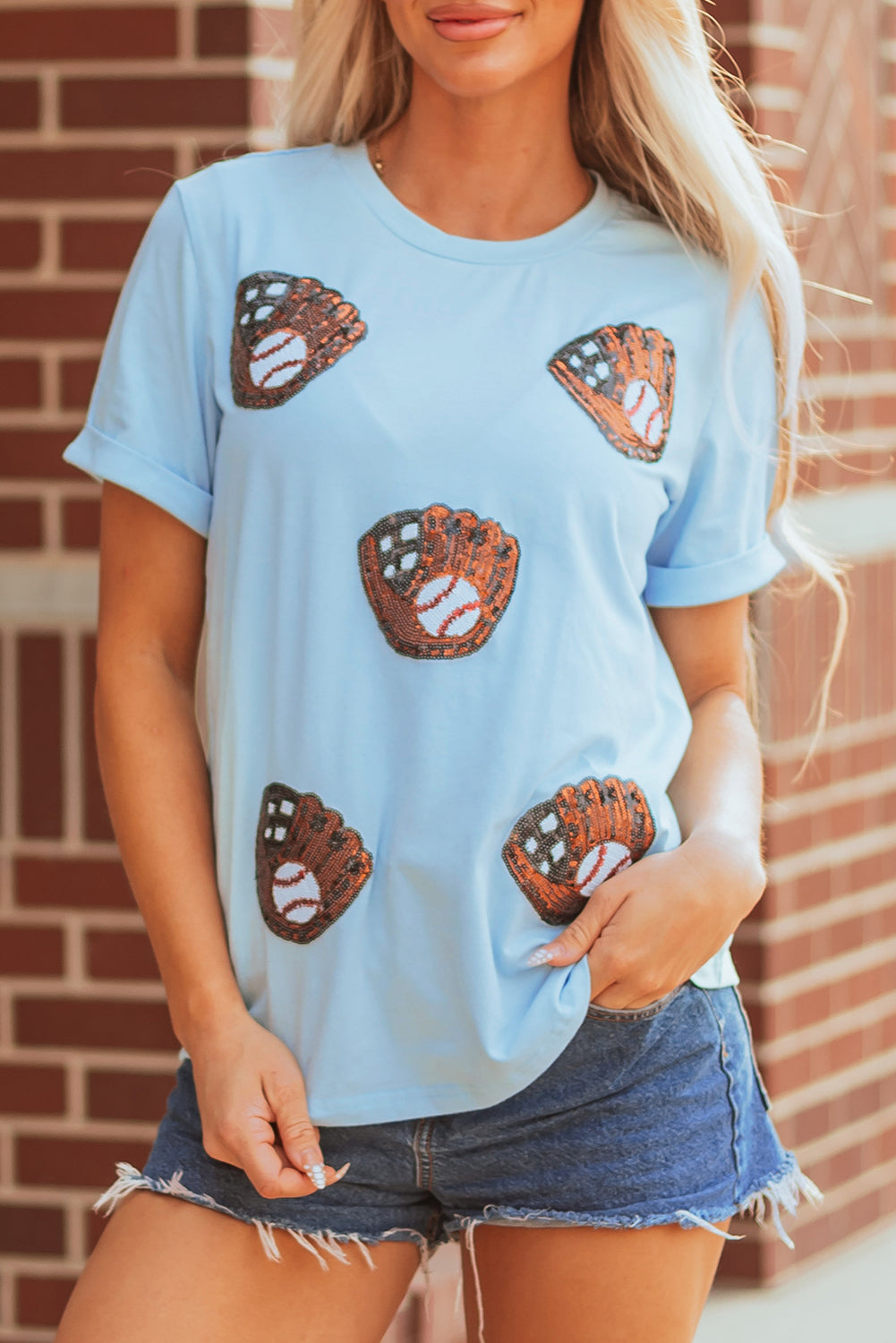 Light Blue BaseBall Sequin Patched Casual T Shirt