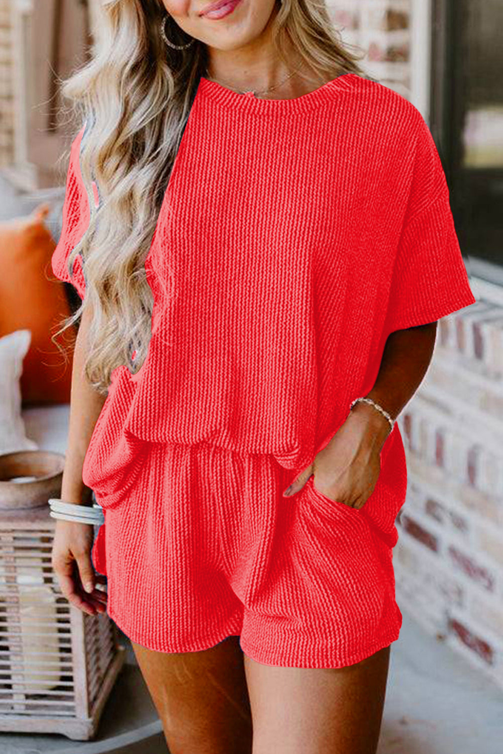 Ribbed Knit Loose Fit Tee and Shorts Set