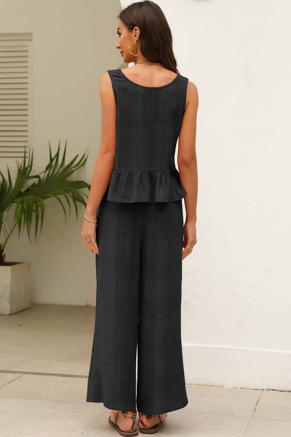 Black Ribbed Ruffle Tank Top and Pants Set
