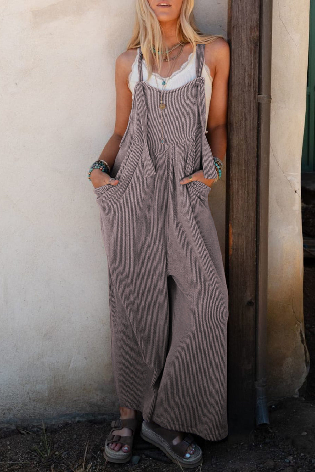 Dark Gray Corded Adjustable Strap Wide Leg Overall