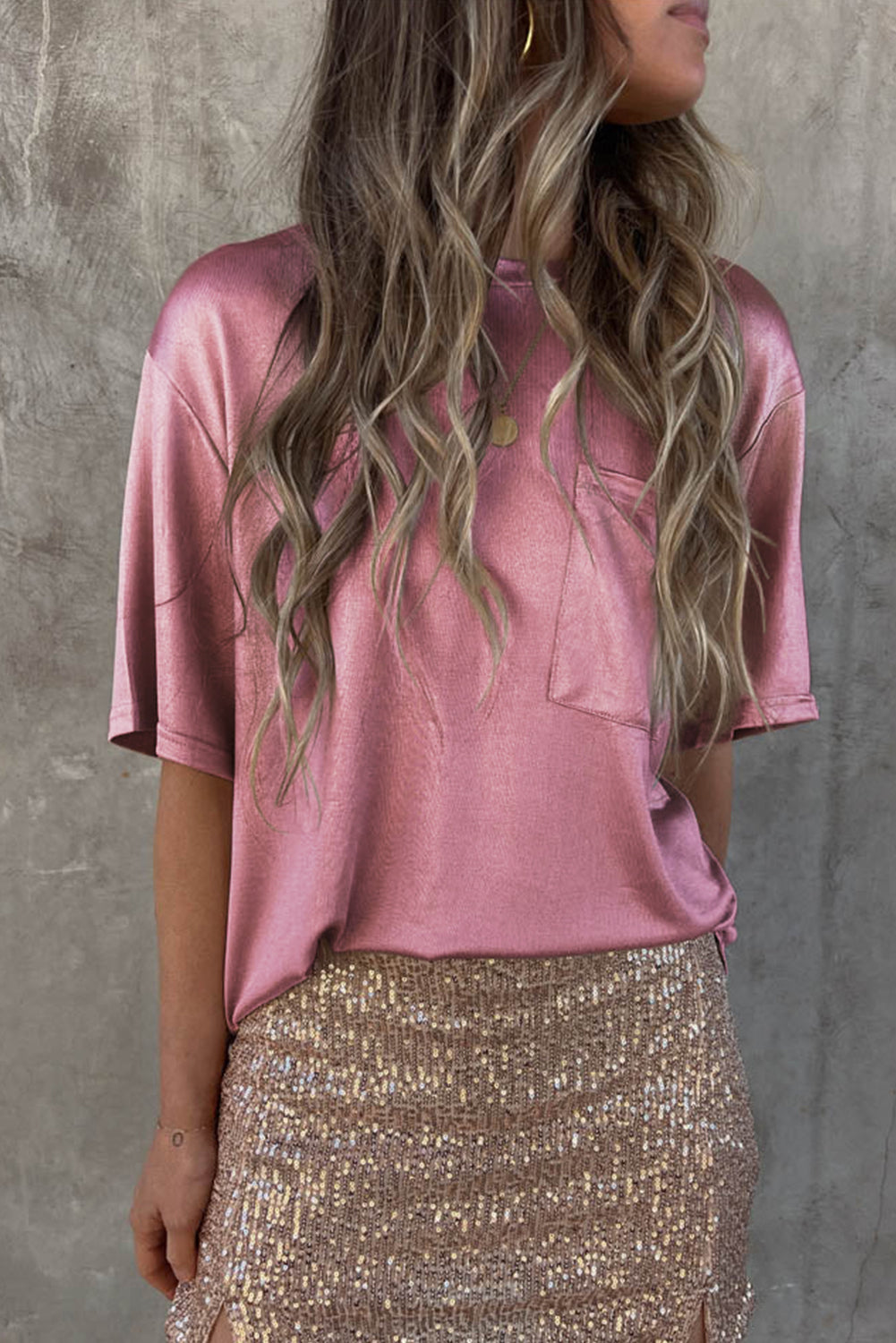 Pink Chest Pocket Loose T Shirt
