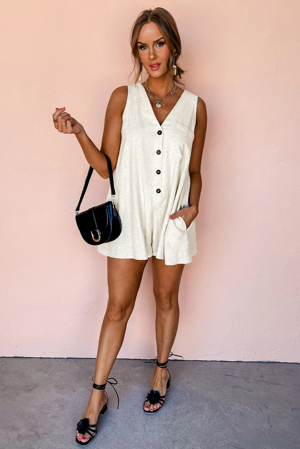 Beige Sleeveless V Neck Romper