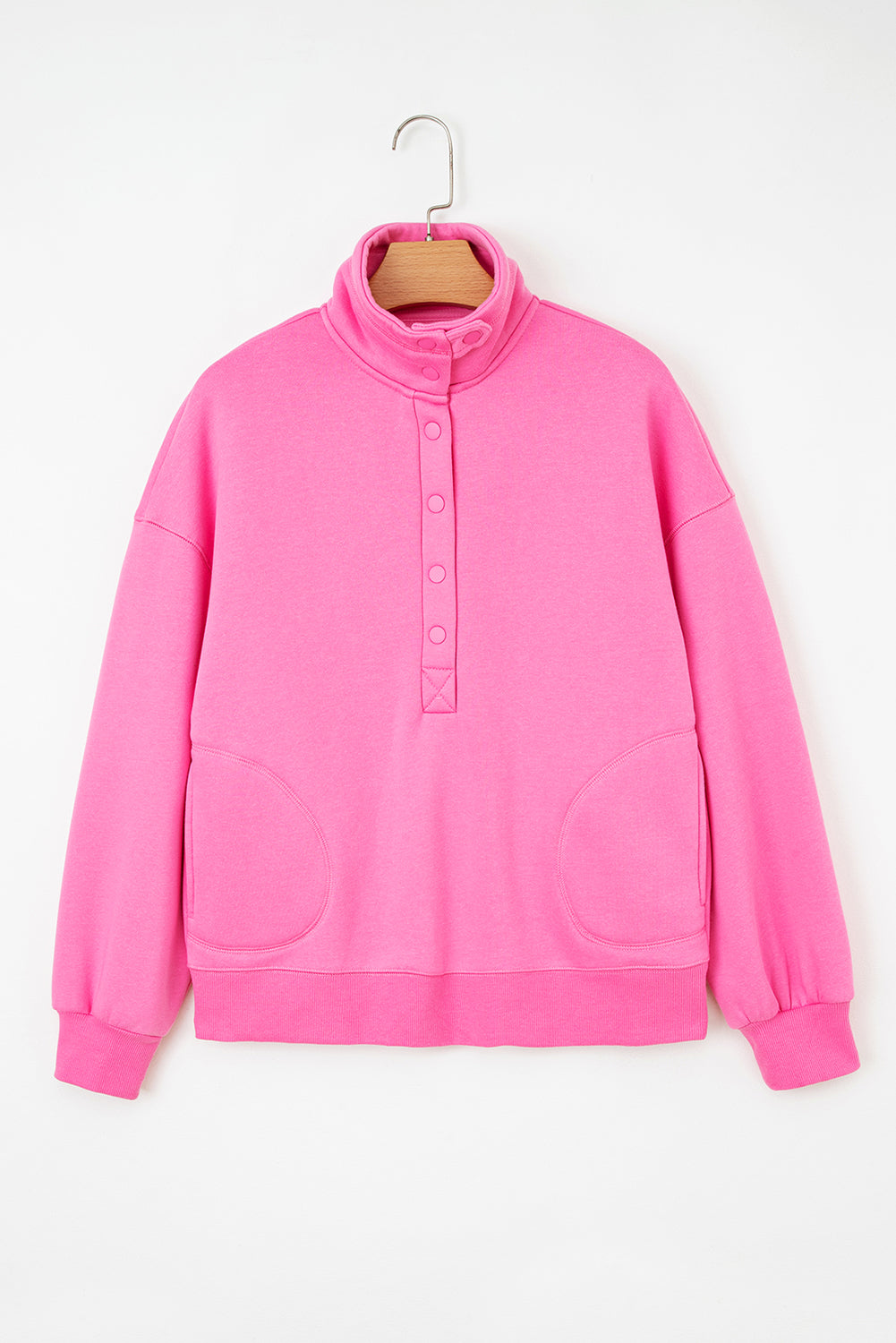 Bright Pink Half Button Drop Shoulder Sweatshirt