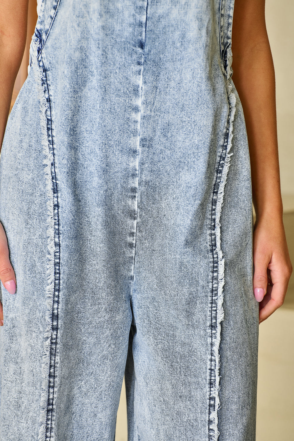 Light Wash Frayed Exposed Seam Denim Overall
