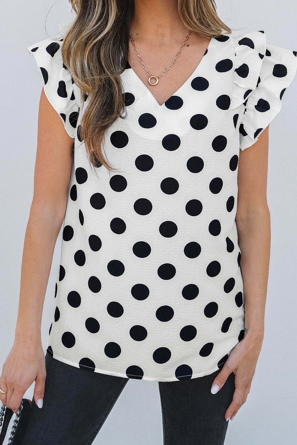 White Polka Dot Ruffled Sleeve V Neck Blouse