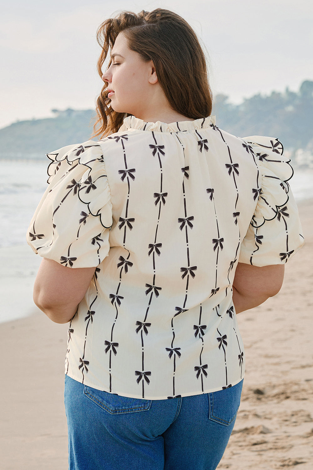 Apricot Bow Printed Bubble Sleeve Plus Size Blouse