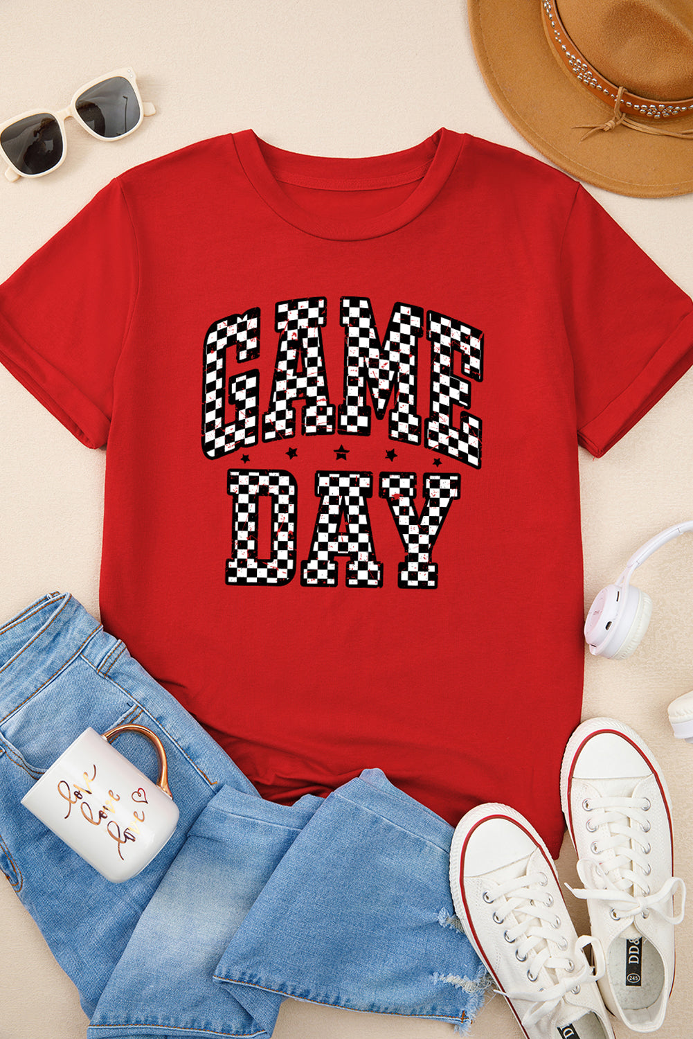 Red Checkered ‘Game Day’ T Shirt