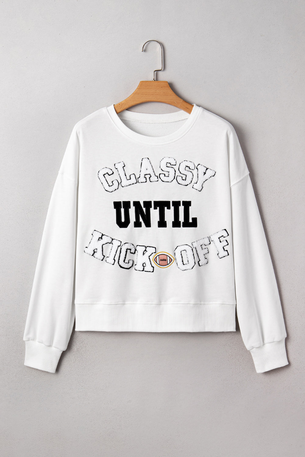 White ‘CLASSY UNTIL KICKOFF’ Patched Sweatshirt