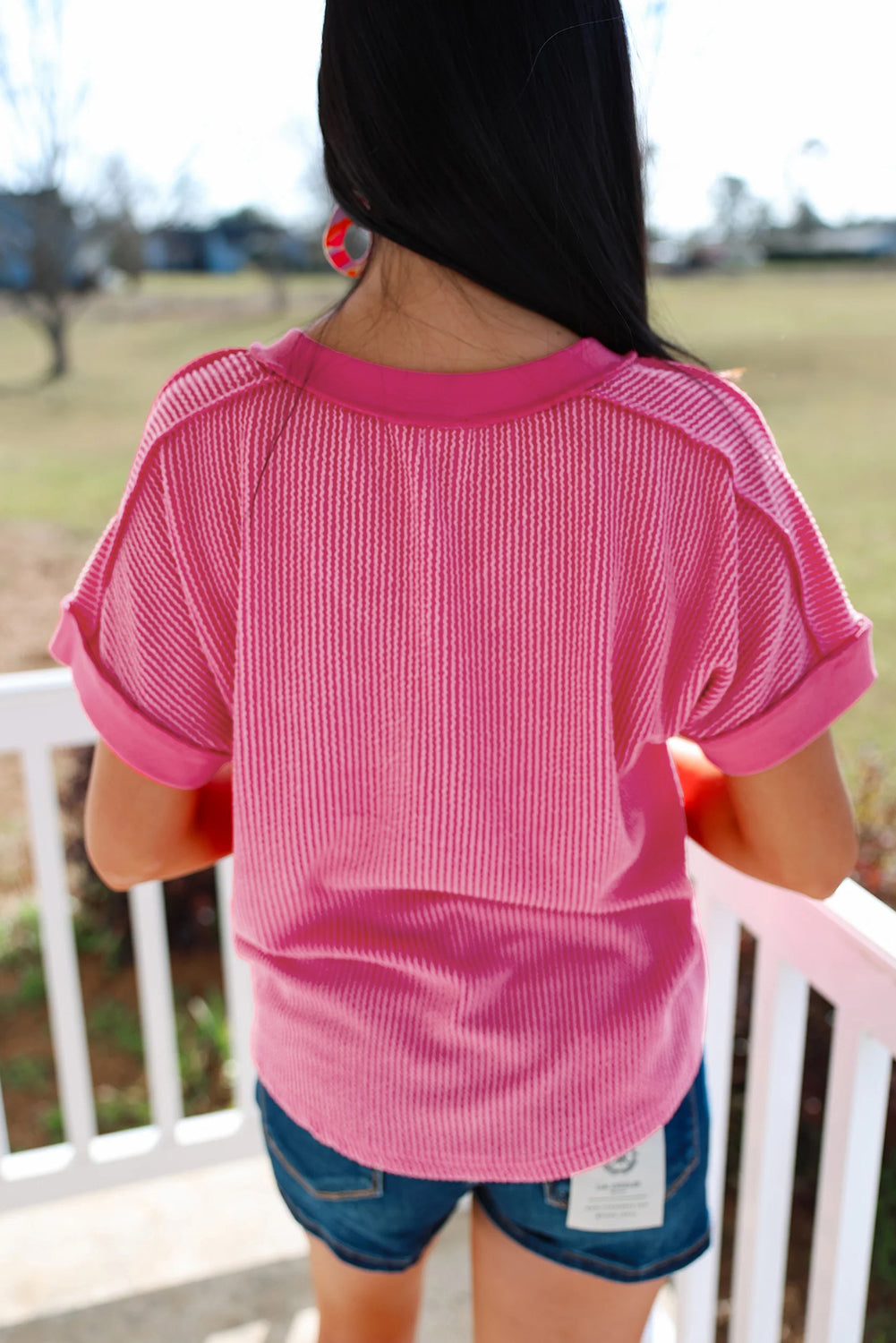 Rose Red Ribbed Knit V Neck Casual Tee