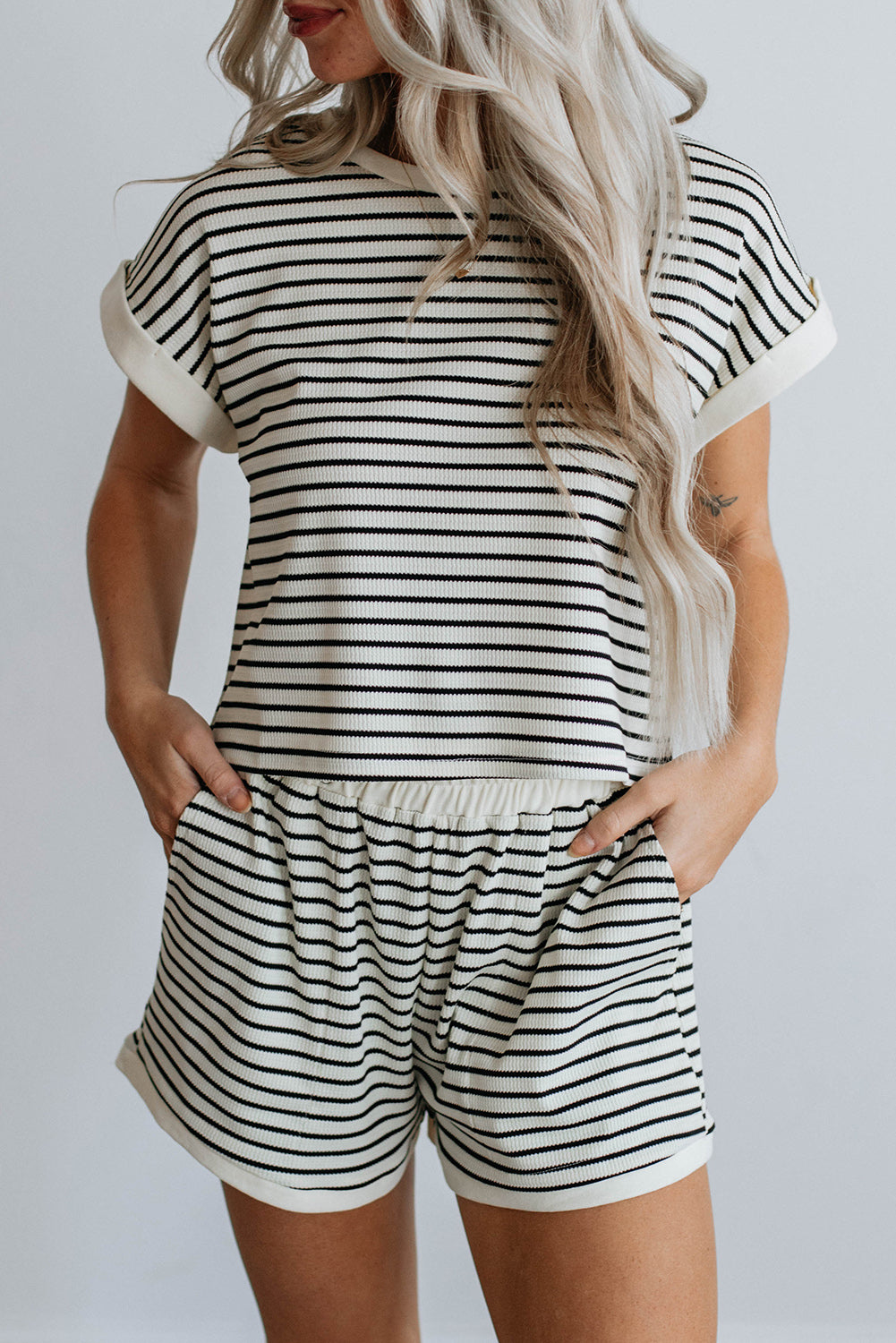 White Stripe Contrast Tee and Shorts Set