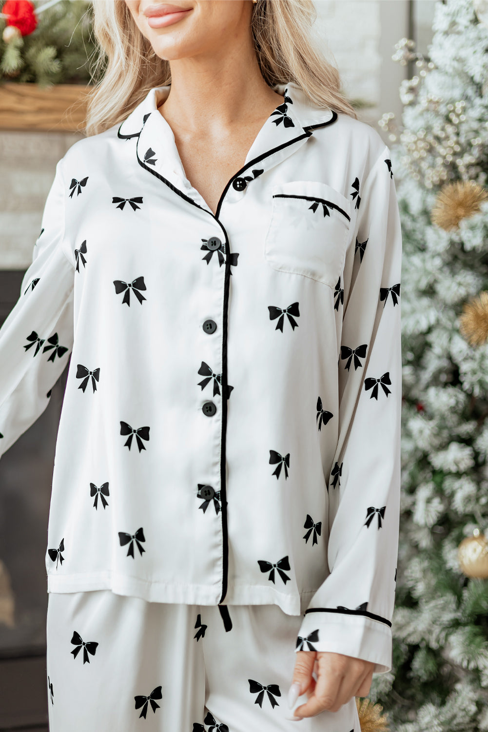 White Bows Print Pajama Set