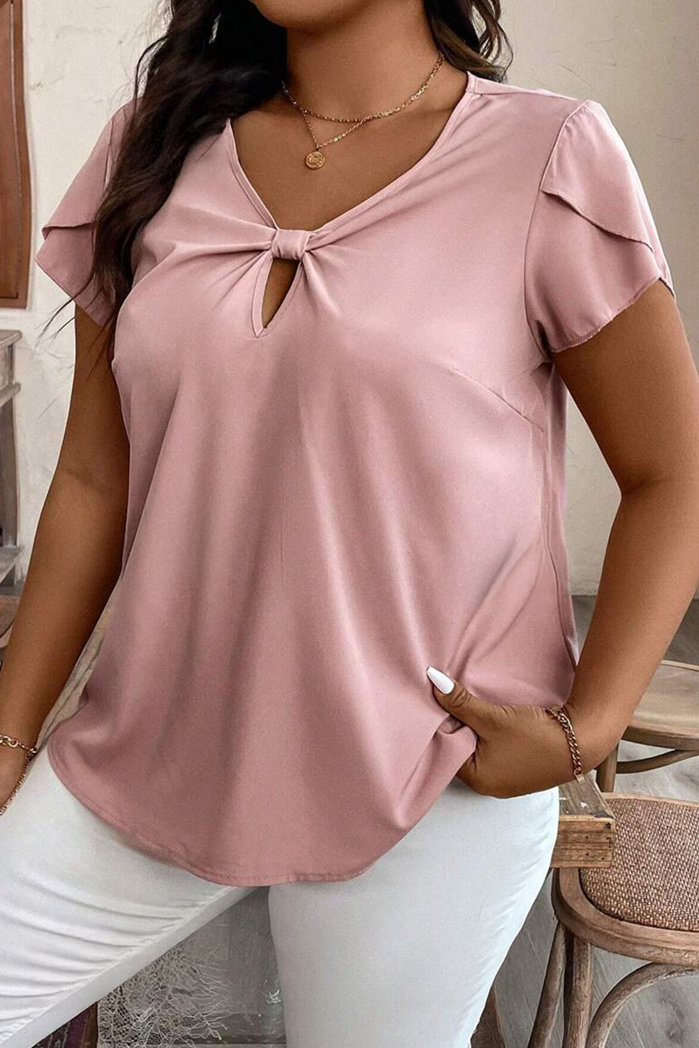 Pink Knotted Short Sleeve Plus Size Top