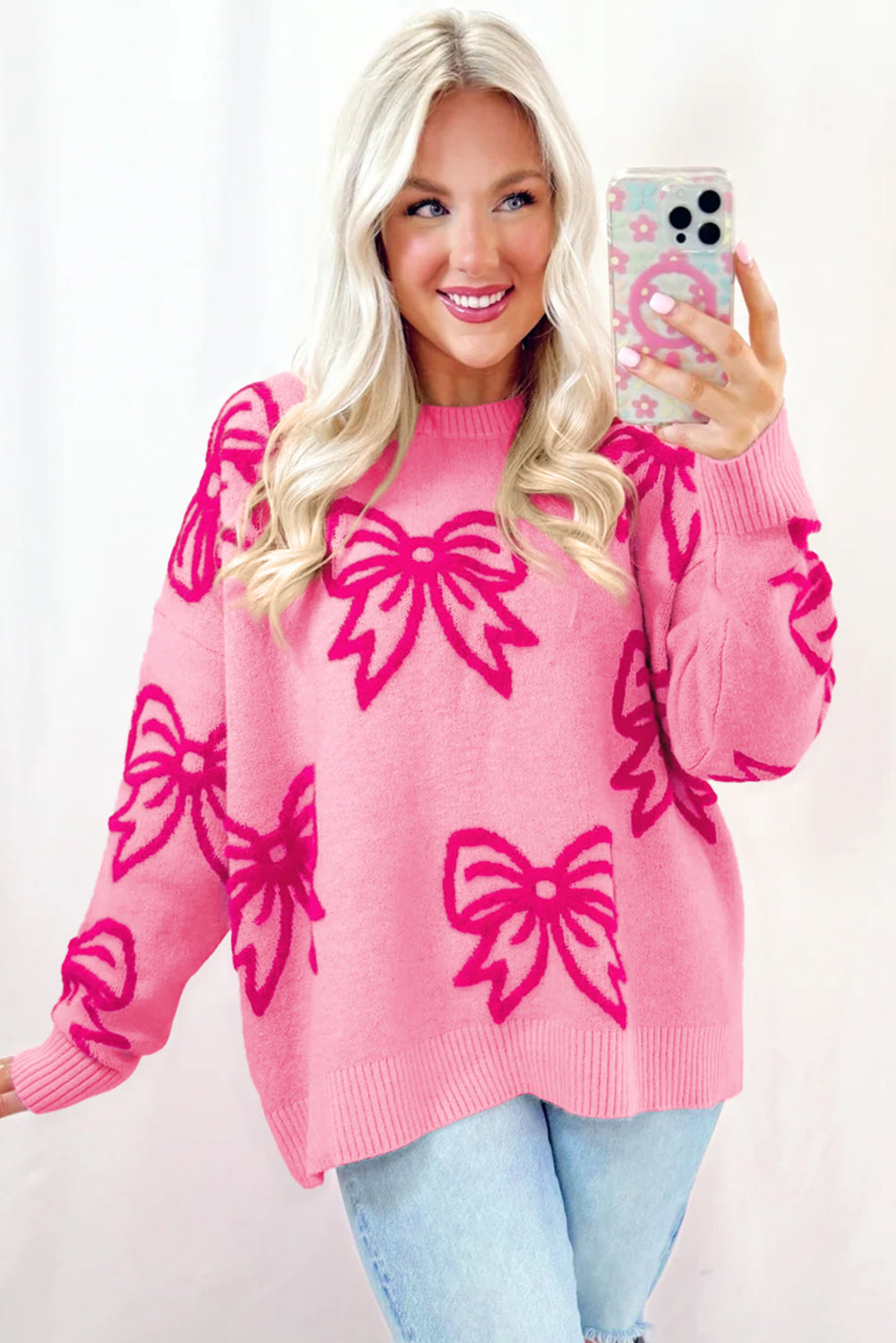 Pink Bow Pattern Loose Sweater