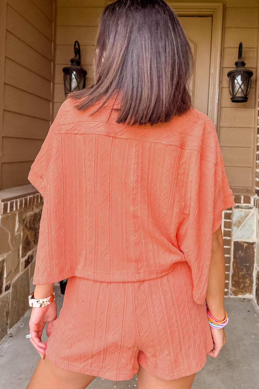 Orange Textured Short Sleeve Top and Shorts Set