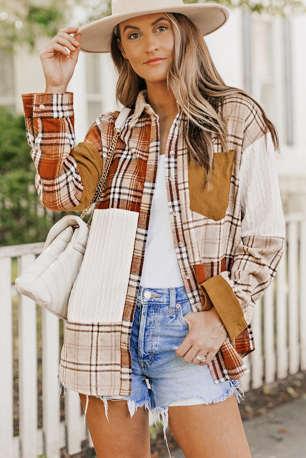 Orange Plaid Color Block Patchwork Jacket