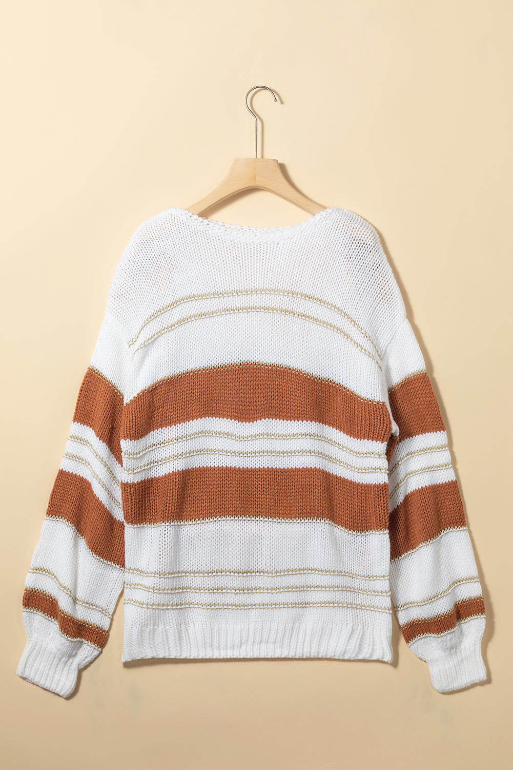 White & Orange Striped Knit Puff Sleeve Sweater