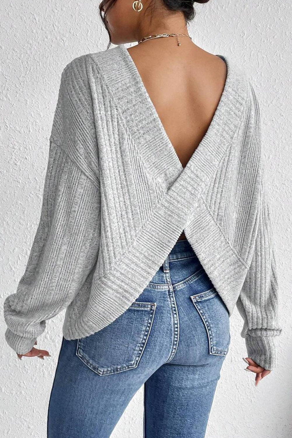 Light Grey Crossover Knit Long Sleeve Top