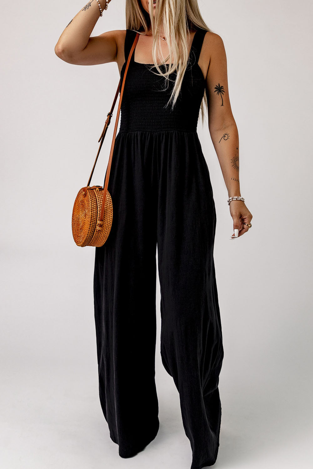 Black Sleeveless Wide Leg Jumpsuit with Pockets