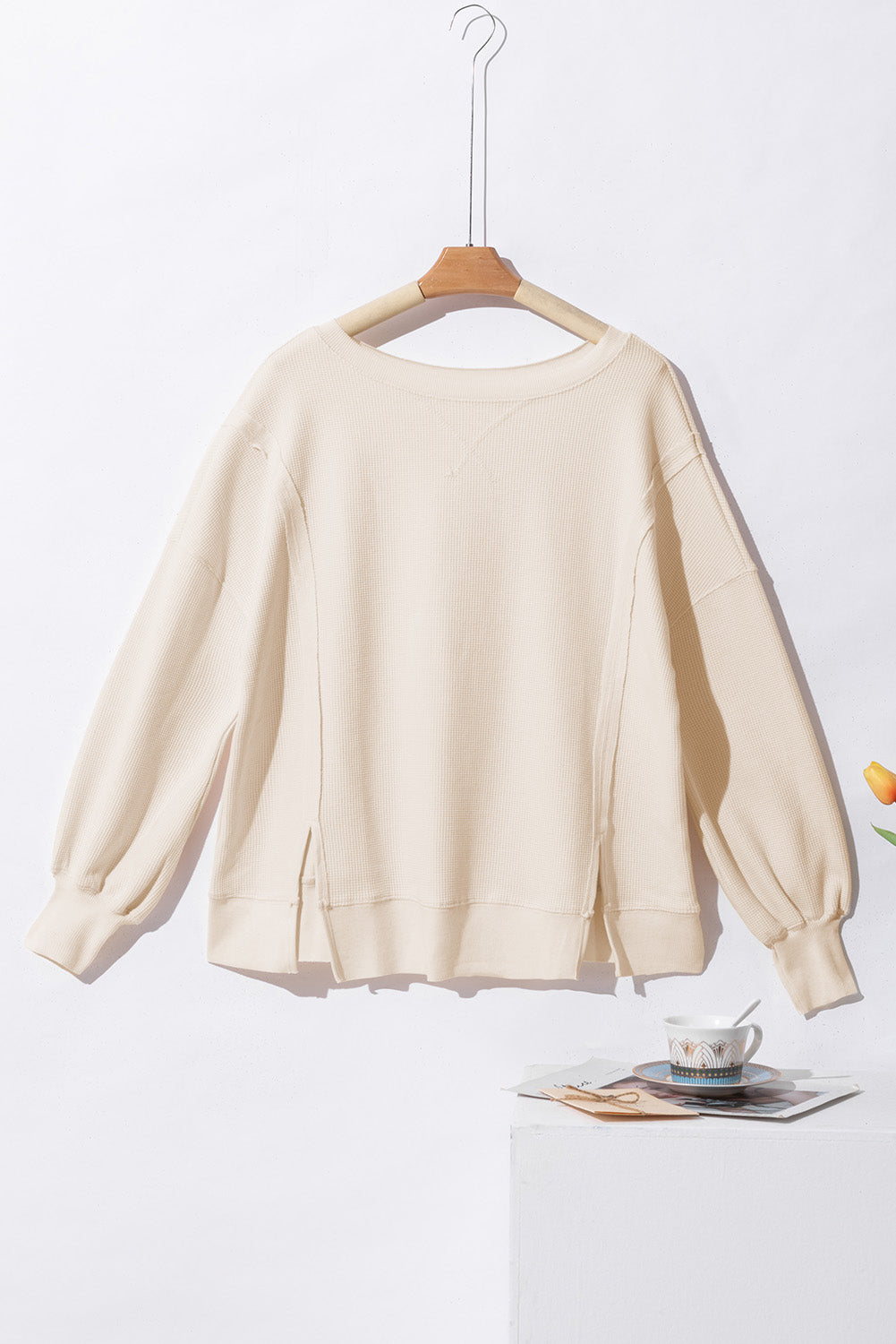 White Waffle Knit Oversized Top