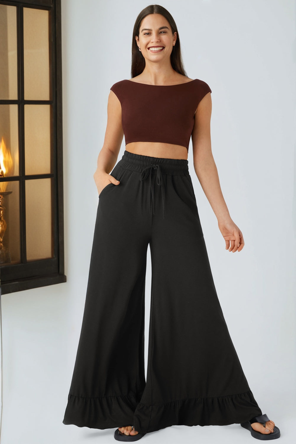 Black Ruffled Wide Leg High Waist Pants