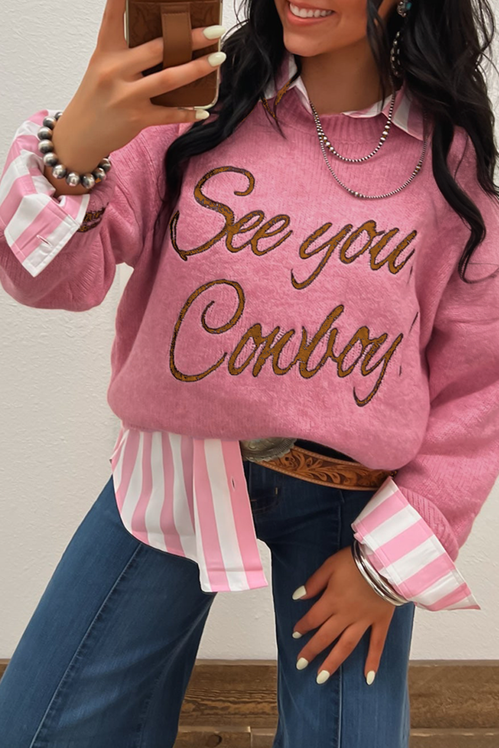 Pink ‘See You Cowboy’ Embroidered Western Graphic Sweater