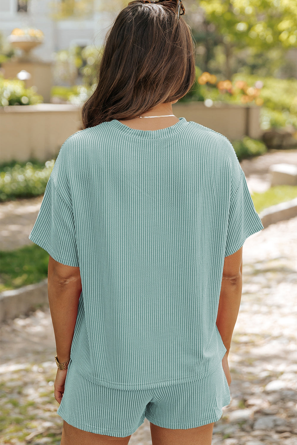 Light Blue Ribbed Knit Loose Fit Tee and Shorts Set