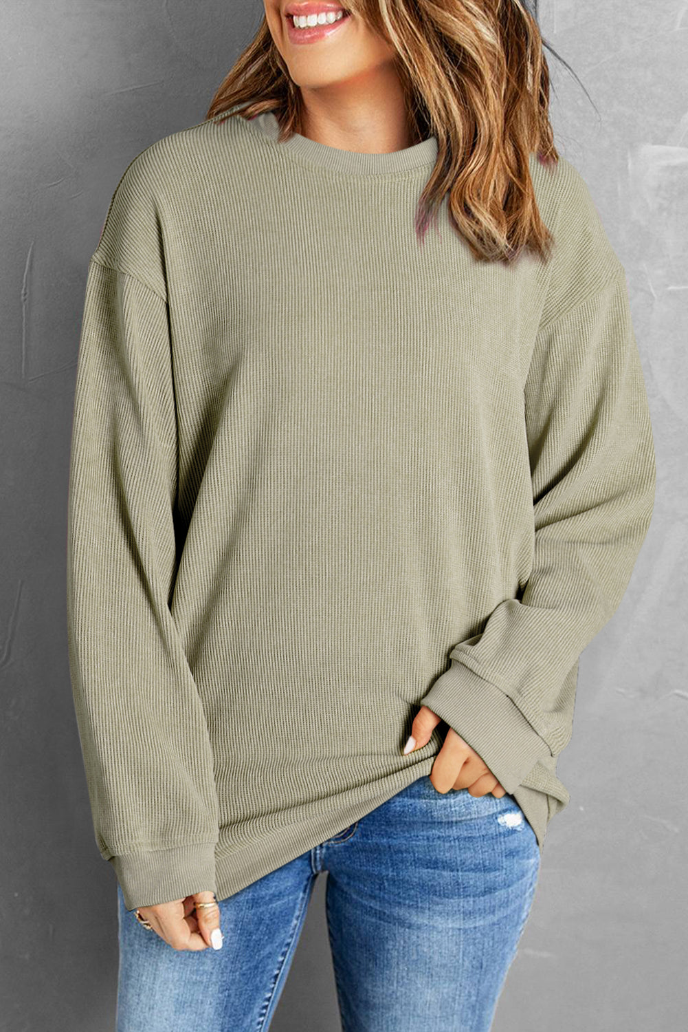 Green Solid Ribbed Knit Pullover Sweatshirt