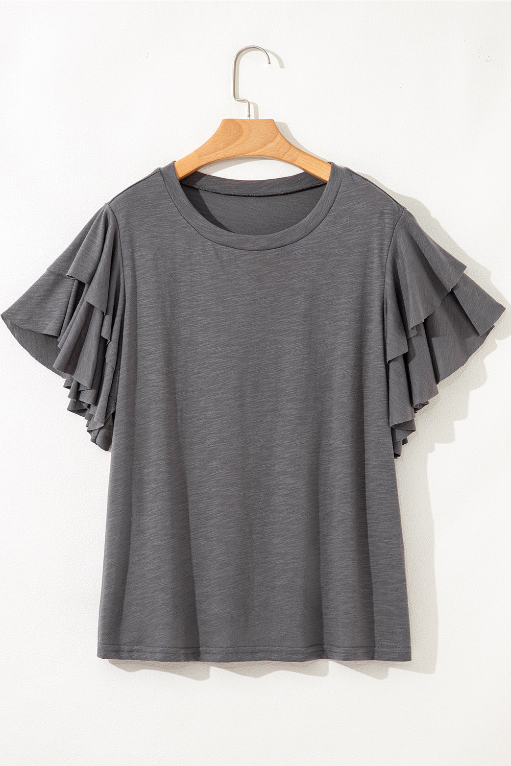 Dark Grey Ruffled Short Sleeve Plus Size Top