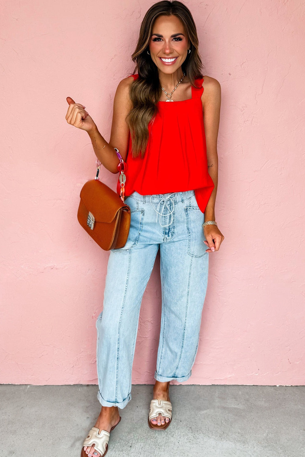 Exposed Stitch Tie Barrel Jeans