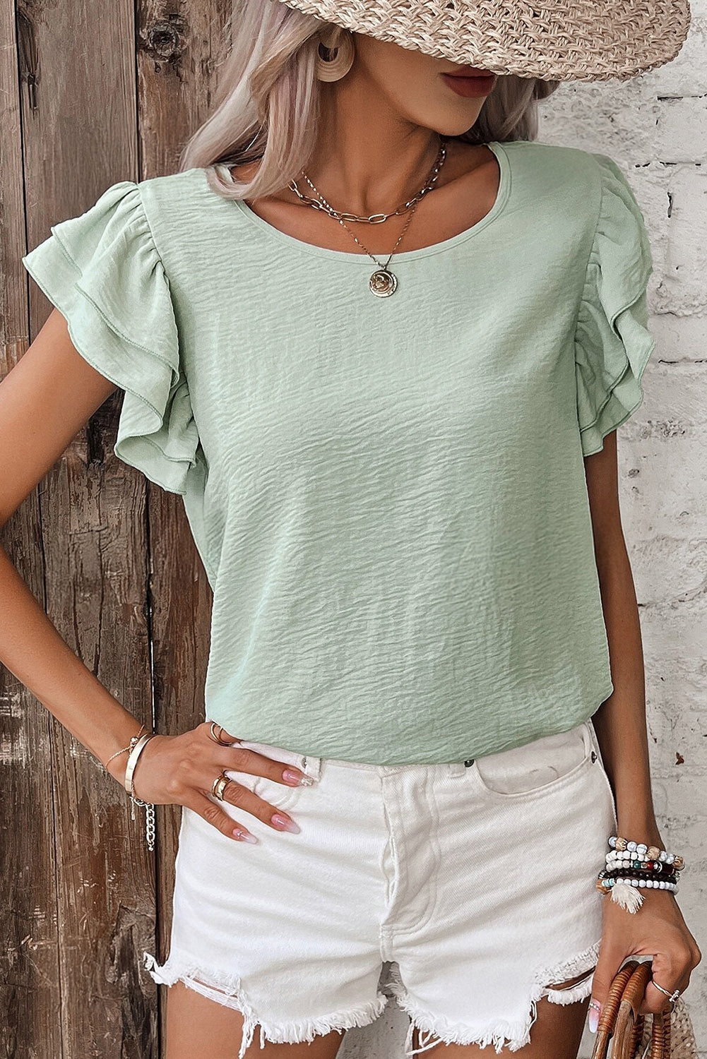 Seafoam Ruffled Short Sleeve Casual Blouse