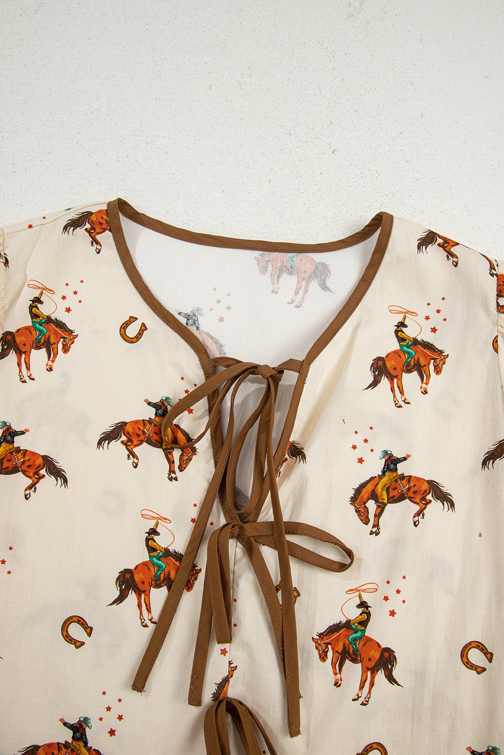 Cowboy Print Puff Sleeve Bowknot Blouse