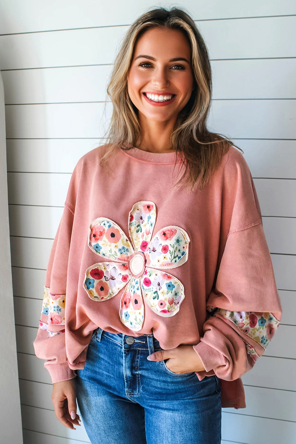 Peach Floral Baggy Pullover Sweatshirt