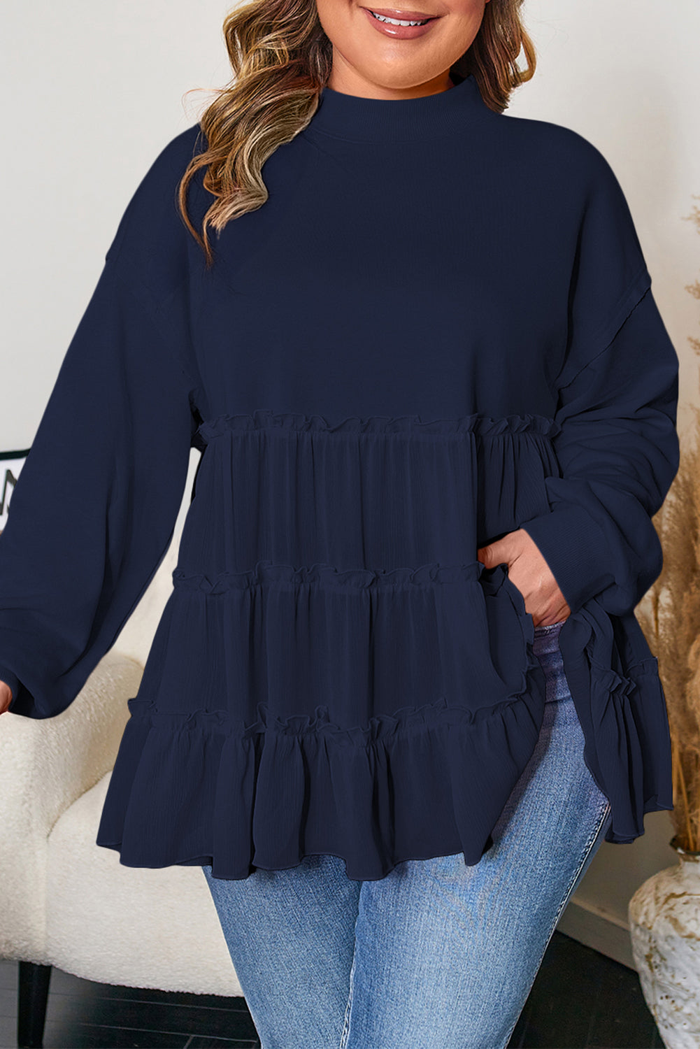 Navy Blue Tiered Ruffle Crew Neck Pullover Plus Size Top