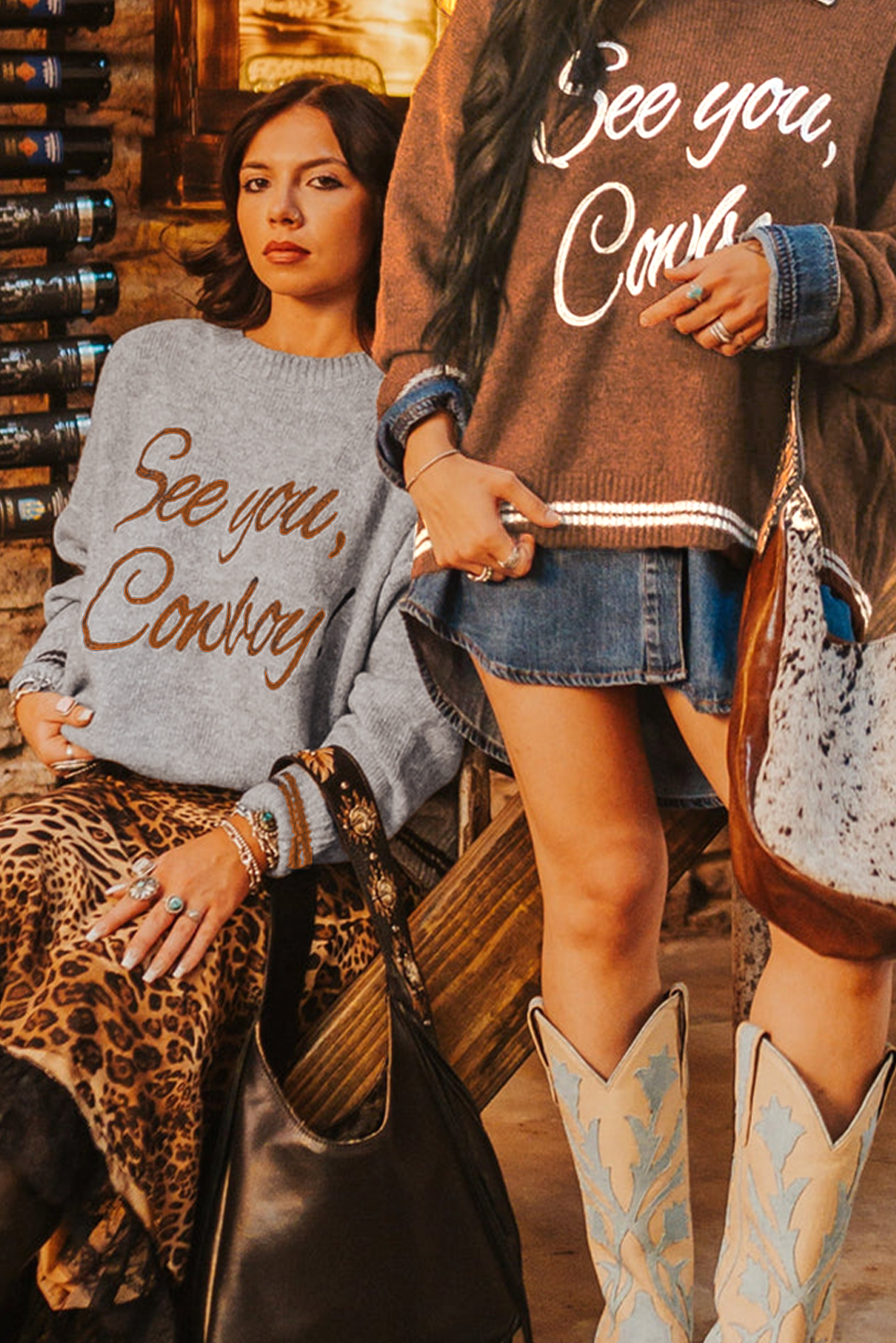 Brown ‘See You Cowboy’ Embroidered Western Sweater