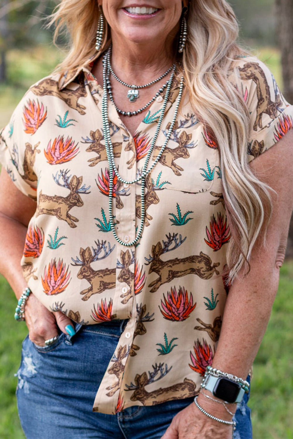 Khaki Plus Size Western Pattern Short Sleeve Shirt